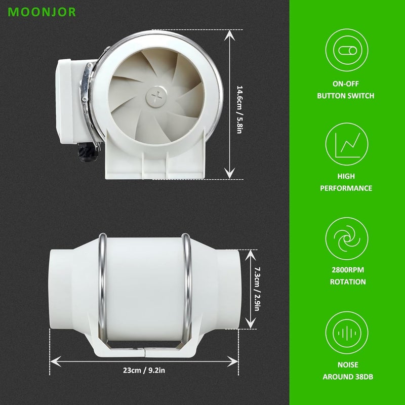 Moonjor مروحة قنوات هواء 3 بوصة، مروحة تهوية داخلية، مروحة سحب قنوات 110 CFM للحمام، المطبخ، خيمة الزراعة، الزراعة المائية، طابعة ثلاثية الأبعاد - Image 2